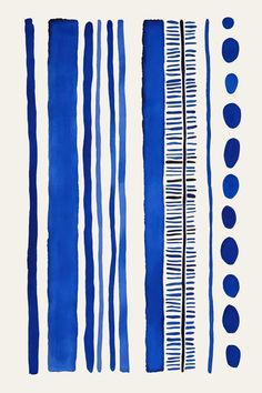 an abstract painting with blue stripes and circles on white paper, in the style of brush strokes