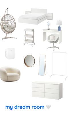 a white bedroom with furniture and accessories on it's display stand, including a bed, dresser, mirror, chair, table, lamp, desk, and other items