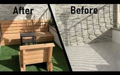 before and after photos of an outdoor bench with grass on the ground in front of it