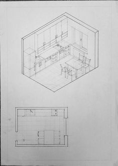 two drawings of an office with desks and chairs in the middle one is drawn on white paper