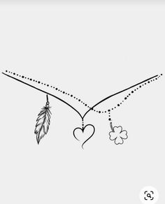 a black and white drawing of two hearts hanging from a line with an arrow in the middle