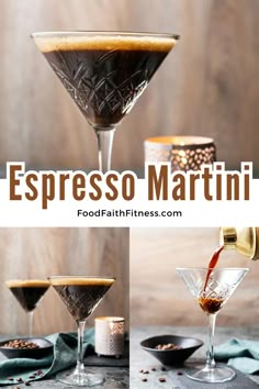 espresso martini with coffee being poured into the glasses and garnished with spices