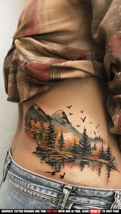 a woman's stomach with a mountain scene tattoo on her side, and birds flying over the water