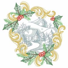 a cross stitch pattern with holly and house in the middle, surrounded by holly leaves