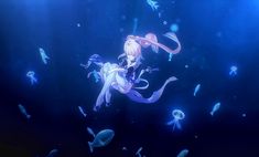 an animated image of a woman floating in the water surrounded by jellyfish and fish