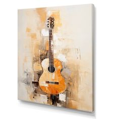 an abstract painting of a guitar on a white background with orange and yellow tones,