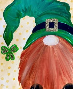 a painting of a red headed lepreite wearing a green hat and shamrocks