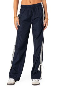 EDIKTED Remy Tie Detail Track Pants | Nordstrom 80s Y2k, Pants Jogger, Track Pants Women, Wide Leg Sweatpants, Pants Details, Low Rise Jeans, Leather Mini Skirts, Jogger Sweatpants, Knit Pants