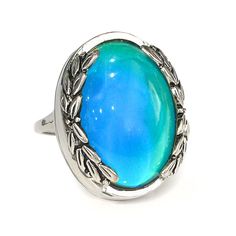 a blue ring with leaves around it on a white background and an oval stone in the center