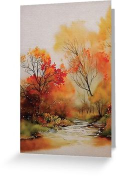 a watercolor painting of autumn trees and a stream in the foreground with yellow, orange and red leaves