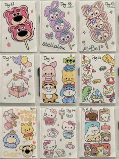 many different cartoon stickers are on display