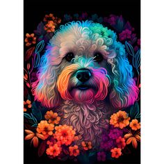 a painting of a dog with colorful flowers on it's face and eyes, in front of a black background