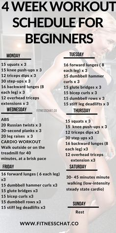 a workout schedule for beginners with an image of a woman in the middle of it