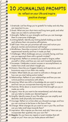 a spiral notebook with the words 20 journaling prompts to reflect on your life and inspire positive change