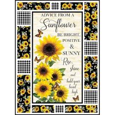 a cross stitch pattern with sunflowers and butterflies on the border, which reads advice from a sunflower be bright positive & sunny