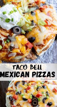 taco bell mexican pizzas with cheese, black olives and sour cream on top