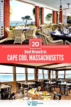 an outdoor restaurant with tables and chairs overlooking the ocean is featured in this postcard for 20 best brunch in cape cod