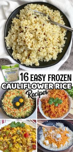 collage of images showing different types of rice and other foods that are in the same pan