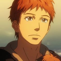 an anime character with red hair and brown eyes holding a cat in his arms while looking at the camera