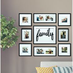 a living room wall with family photos on it and a potted plant in the corner