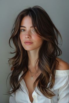 Long Brown Wavy Hairstyles, Long Layered Beach Waves, Face Framing Feathered Layers, Brunette Hair With Bangs Long, Claire Marshall Hair, Natural Brown Wavy Hair, Soft Bangs Wavy Hair, Longer Length Haircut, Professional Haircut For Women Long