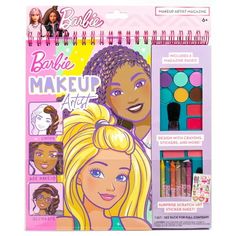 the barbie doll make up kit is in its package with markers and crayons