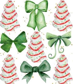 watercolor christmas trees with bows and glitters on the top one is red, white and green