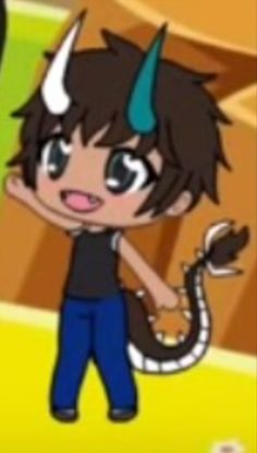 a cartoon character with horns on his head holding a snake