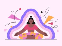 a woman is sitting in the lotus position with her legs crossed and eyes closed, surrounded by geometric shapes