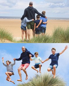 two pictures of people jumping in the air with their arms around each other and one has his hands out