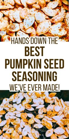 pumpkin seeds with the words hands down the best pumpkin seed seasoning we've ever made