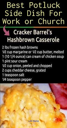 an advertisement for cracker barrel's hashbrown casserole on a plate