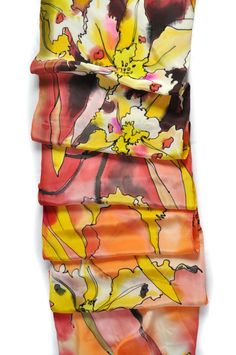 This hand painted silk scarf - Orchids in red and yellow. Hand painted silk shawl, Luxury silk shawl, Painting flowers. Painting floral silk shawl, scarf.Orange and yellow orchids. Very quality soft silk. This silk scarf is painted on fine 100% pure silk , and is hand hemmed. Hand painted silk scarf is very soft, flowing, luxurious and elegant, and is an original one of a kind creation. Beautiful shawl for summer,autumn and winter! Luxury gift for you, your wife, mother, sister. dimensions -20 b Artistic Silk Shawl For Gift, Gift Painting, Silk Chiffon Scarves, Silk Scarf Painting, Hand Painted Silk Scarf, Painting Floral, Painted Silk, Silk Shawl, Hand Painted Silk