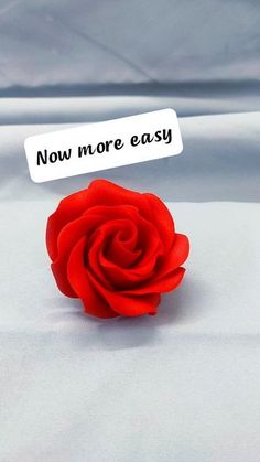 a red rose sitting on top of a white sheet with a sign that says now more easy