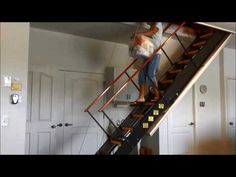 a man standing on top of a stair case next to a ladder in a room