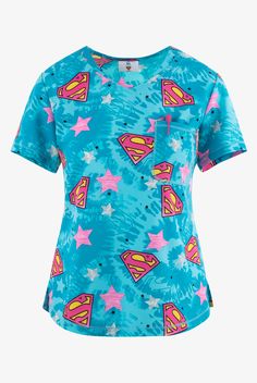 Tooniforms DC Comics Symbol Of Hope Women s 2-Pocket STRETCH V-Neck Print Scrub Top • Contemporary fit • Rounded V-neck • Total of 2 pockets • 1 left chest patch pocket • 1 right back pocket • Cover stitch detail throughout • Side vents • Back yoke • Vertical back seams • Shirttail hem • DC Comics Superman sign in retro style pink on a tie dyed turquoise background dotted with stars • Approximate length for size M is 27 3 4 • Manufacturer style TF786-DMSO Made with a poly-spandex blend, our Toon Doctor Clothes, Plus Size Scrubs Woman Medical, Christmas Scrub Tops, Teal Scrubs Nursing, Disney Scrubs, Disney Scrub Tops, Symbol Of Hope, Doctor Outfit