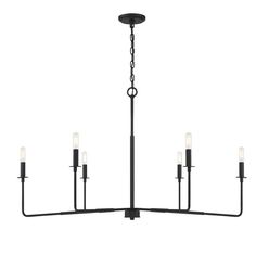 a black chandelier with six lights hanging from it