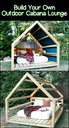 an outdoor cabana lounge made out of pallets and wood with text overlay that says build your own outdoor cabana lounge