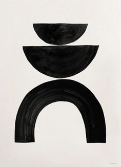 a black and white painting with two circles on top of each other in front of a white background