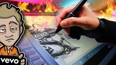 a person holding a pen and drawing on a tablet with fire in the back ground