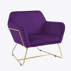 a purple chair sitting on top of a metal frame