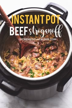 instant pot beef stroganone recipe in the crockpot with text overlay