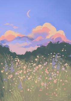 a painting of flowers and grass in front of a sky with the moon above it