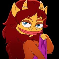 a cartoon character with horns on her head and red hair holding a purple bag in one hand