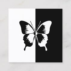 a black and white butterfly on the left side of a square card with an image of a