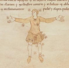 an old manuscript with a drawing of a woman holding her arms out