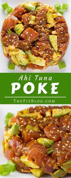 two different pictures of food with the words ahi tuna poke on top and an image of