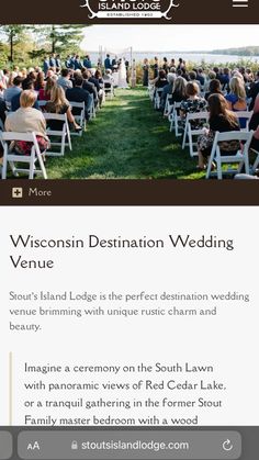 the website for wisconsin destination wedding venue, featuring an image of people sitting in white chairs