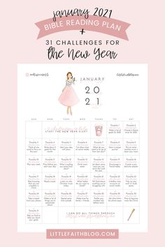 a pink and white calendar with the text, january 2021 bible reading plan challenges for the new year