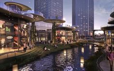 an artist's rendering of a river running through a city with tall buildings in the background